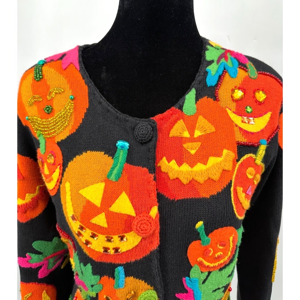Michael Simon Womens Crew Neck Cardigan Medium Black Halloween Pumpkin Cotton - Picture 3 of 13